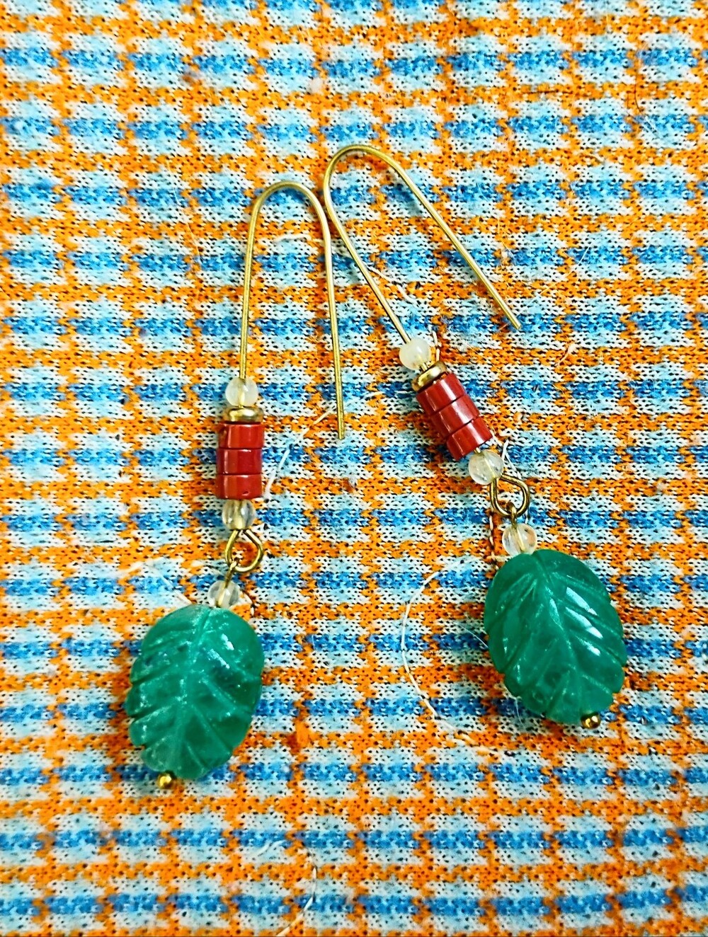 Handmade Carved Emerald, Citrine, and Red Jasper Earrings